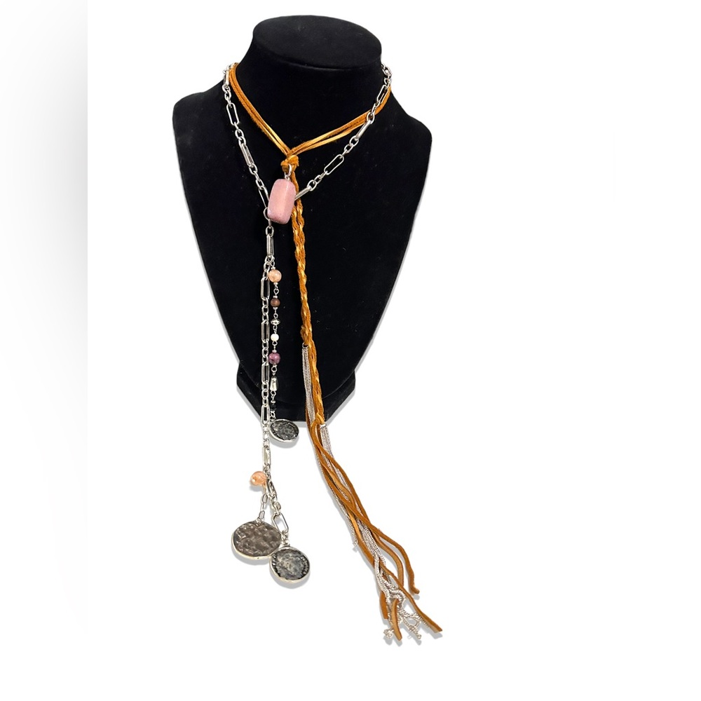 Free People layered silver tone w/camel suede tassel & Rhodonite pendant 18-21”